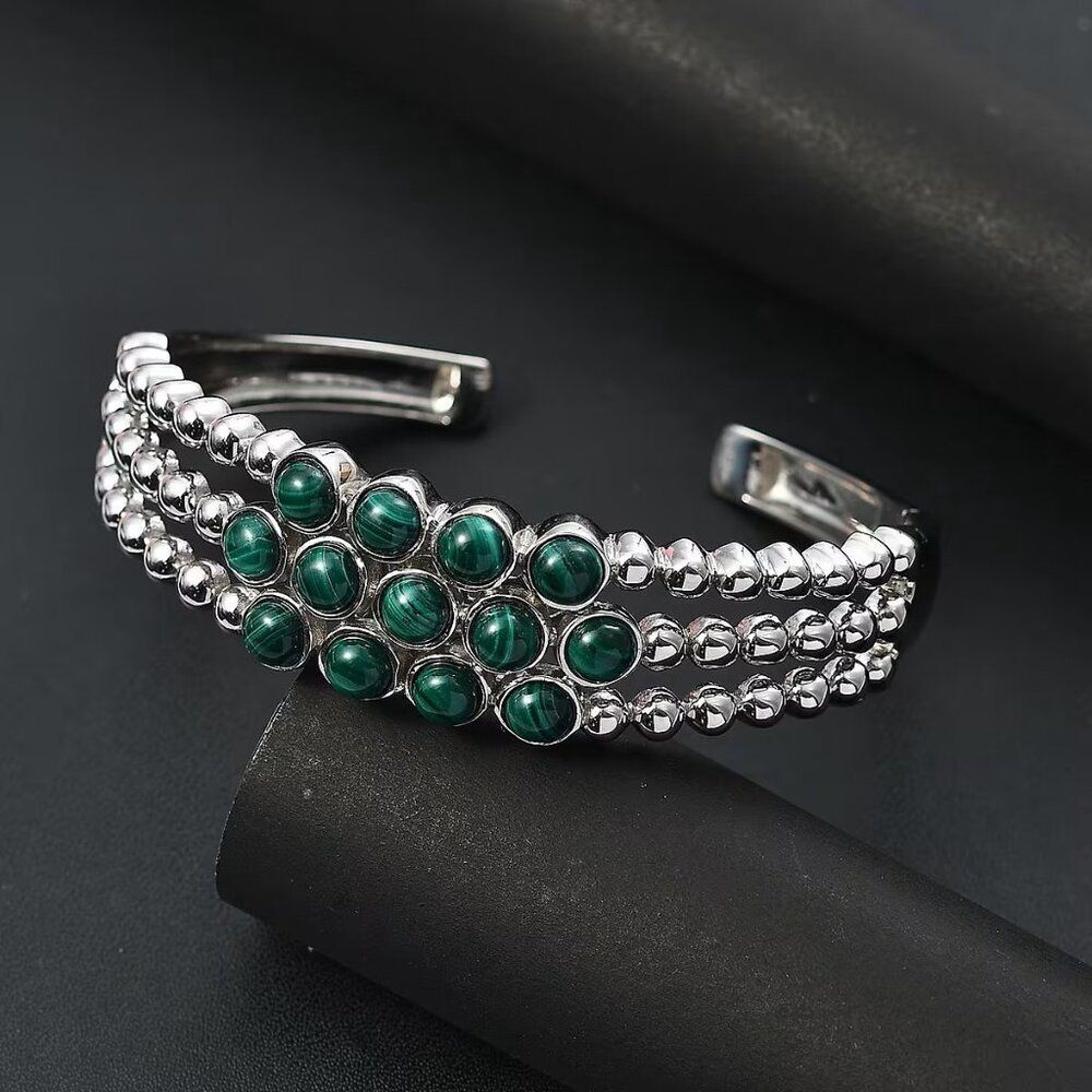 African Malachite Triple-row Cuff Bracelet - Picture 2 of 9